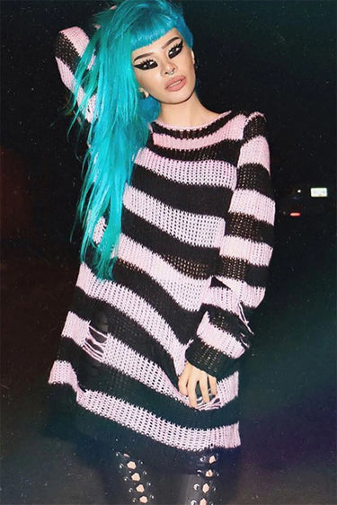 Pastel Pink/Black Striped Distressed Sweater